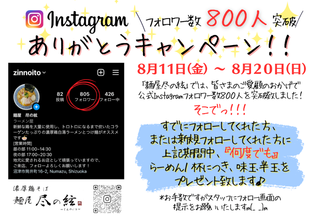 「麺屋　尽の絃」Instagramﾌｫﾛﾜｰ数 800人突破！